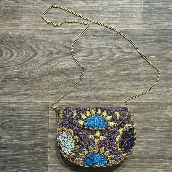 Ramla Beaded Clutch Purple Multicolor Mosaic Chain Strap Handmade NEW Prom - Picture 3 of 15